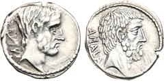 Ancient coins, ROMAN REPUBLIC Q. Servilius Caepio Brutus. Silver Denarius (3.86 g), 54 BC. Rome. BRVTVS, bare head of L. Junius Brutus right. Rev. AHALA, bare head of Caius Servilius Ahala right. (Cra
