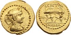 Ancient coins, ROMAN REPUBLIC L. Cestius and C. Norbanus. Gold Aureus (7.91 g), 43 BC. Emergency issue of the Roman Senate. Rome. Draped bust of Africa right, wearing elephant’s skin headdress. Rev. L