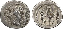 Ancient Coins, ROMAN IMPERATORIAL PERIOD Octavian. Silver Denarius (3.88 g), 42 BC. Military mint traveling with Octavian in Greece. CAESAR III VIR R P C, helmeted and draped bust of young Mars right,