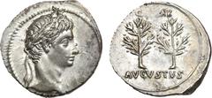 Ancient Coins, ROMAN EMPIRE Augustus. Silver Denarius (3.82 g), 27 BC-AD 14. Emerita(?), ca. 19/8 BC. Head of Augustus right, wreathed with oak-leaves. Rev. CAESAR AVGVSTVS, two laurel branches. (RIC 