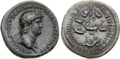 Ancient Coins, ROMAN EMPIRE Nero. Æ Sestertius (28.94 g), AD 54-68. Rome, ca. AD 64. NERO CLAVDIVS CAESAR AVG GER P M TR P IMP P P, laureate bust of Nero, aegis on neck. Rev. AVG-VST above, PORT OST i