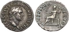 Ancient Coins, ROMAN EMPIRE Vitellius. Silver Denarius (3.13 g), AD 69. Rome. A VITELLIVS GERMAN IMP AVG TR P, laureate head of Vitellius right. Rev. IVPPITER VICTOR, Jupiter seated left, holding Vict