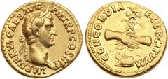 Ancient Coins, ROMAN EMPIRE Nerva. Gold Aureus (7.21 g), AD 96-98. Rome, AD 96. IMP NERVA CAES AVG P M TR P COS II P P, CONCORDIA EXERCITVVM, clasped hands holding legionary eagle set on prow. (RIC 3;