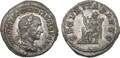 Ancient Coins, ROMAN EMPIRE Gordian I Africanus. Silver Denarius (3.49 g), AD 238. Rome. IMP M ANT GORDIANVS AFR AVG, laureate, draped and cuirassed bust of Gordian I right. Rev. SECVR-ITAS AVGG, Secu