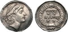 Ancient Coins, ROMAN EMPIRE Constantius II, AD 337-361. Silver Siliqua (3.24g). Mint of Antioch, struck AD 337-347. Pearl-diademed head facing right, gazing upwards. Rev. VOTIS / XV / MVLTIS / XX with