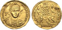 Ancient Coins, ROMAN EMPIRE Constantius II. Gold Solidus (4.40 g), AD 337-361. Antioch, AD 355-361. FL IVL CONSTAN-TIVS PERP AVG, diademed, helmeted and cuirassed bust of Constantius II facing slightl