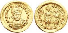 Ancient Coins, ROMAN EMPIRE Theodosius II. Gold Solidus (4.41 g), AD 402-450. Constantinople, AD 425-429. D N THEODO-SIVS P F AVG, diademed, helmeted and cuirassed bust of Theodosius II facing slightl