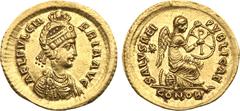 Ancient Coins, ROMAN EMPIRE Aelia Pulcheria. Gold Solidus (4.42 g), Augusta, AD 414-453. Constantinople, AD 414. AEL PVLCH-ERIA AVG, diademed and draped bust of Pulcheria right; above, manus Dei crown