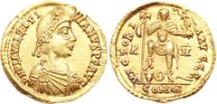 Ancient Coins, ROMAN EMPIRE Valentinian III. Gold Solidus (4.40 g), AD 425-455. Rome, AD 426-455. D N PLA VALENTI-NIANVS P F AVG, rosette-diademed, draped and cuirassed bust of Valentinian III right. 