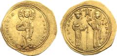 Ancient Coins, BYZANTINE EMPIRE Theodora. Gold Histamenon Nomisma (4.30 g), 1055-1056. Constantinople. + IhS XIS Rex REG-NANtihm, Christ, nimbate, standing facing on footstool, wearing pallium and col