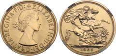 World Coins, GREAT BRITAIN Elizabeth II, (1952-). Satin Proof Gold Sovereign, 1965. Designed by Mary Gillick. Portrait facing right of young Queen Elizabeth. Rev. St. George slaying dragon with sword,