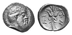 GREEK COINS SICILY AETNA No.: 18 Estimation: $ 2500 d=13 mm Obol, work of the master engraver of Brussels, about 470-466. AR 0.64 g. Bald, bearded head of Silenus r., crowned with ivy. Rev. AI-TN Wing