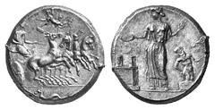 GREEK COINS SICILY HIMERA No.: 29 Estimation: $ 1500 d=28 mm Tetradrachm, signed by MAI..., about 420-409. AR 17.08 g. The nymph Himera driving fast quadriga r.; she is holding reins and kentron; abov