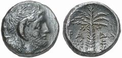 GREEK COINS CYRENAICA No.: 186 Estimate: $ 380 d=17 mm CYRENE. Bronze, about 300-277 BC. AE 5.16 g. Bearded head r. of Zeus Ammon with ram's horn. Rev. K-U/RA Palm tree, in field r., DA, below, star a