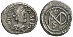 BYZANTINE COINS JUSTINIANUS I, 527-565 No.: 384 Estimate: $ 250 d=15 mm Half(?) siliqua, Carthage, 537-552. AR 1.19 g. D N IVSTINI-ANVS P P AC Diademed, draped and cuirassed bust r. Rev. Monogram with