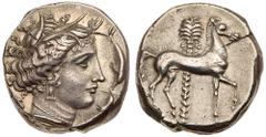 Sicily, Entella Siculo-Punic mint. Silver Tetradrachm (17.14 g), ca. 340-320 BC. Possibly Kephaloidion, Panormos, or a Carthaginian mobile mint. Head of Tanit right, wreathed with grain leaves, wearin