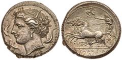 Sicily, Syracuse. Agathokles. Silver Tetradrachm (17.19 g), 317-289 BC. Struck ca. 317-310 BC. Wreathed head of Arethusa left, surrounded by three dolphins; below neck, ΦI. rev. [Σ]YPAKOΣIΩN in exergu