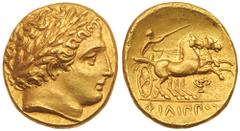 Macedonian Kingdom. Philip II. Gold Stater (8.47 g), 359-336 BC. Pella, ca. 340-328 BC. Laureate head of Apollo right. rev. ΦIΛIΠΠOY in exergue, charioteer, holding kentron and reins, driving gallopin