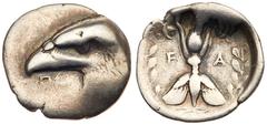 Elis, Olympia. 97th-100th Olympiads. Silver Hemidrachm (2.66 g), 392-380 BC. Obverse die signed by Polykaion. Head of eagle left; below beak, artist's signature: ΠO. rev. F-A, thunderbolt with wings b