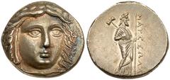 Carian Satraps. Maussolos. Silver Tetradrachm (15.06 g), 377-353 BC. Laureate head of Apollo facing slightly right. rev. Zeus Labraundos standing right, holding labrys and scepter; in left field, Π. C