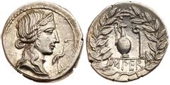 Q. Caecilius Metellus Pius. Silver Denarius (3.68 g), 81 BC. Mobile military mint with Sulla's army in northern Italy. Diademed head of Pietas right; to right, stork standing right. rev. IMPER, jug an