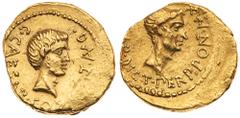 C. Caesar Octavianus and Julius Caesar, c. 43 BC Gold Aureus (8.12 g). Minted in Gallia Cisalpina or Italy, struck 43 B.C. C CAESAR COS [PON]T AVG, bearded head of Octavian facing right, within a dott