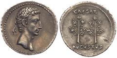Augustus. Silver Denarius (3.72 g), 27 BC-AD 14. Superb EF. Caesaraugusta (?), ca. 19/8 BC. Head of Augustus right, wreathed with oak-leaves.rev. CAESAR AVGVSTVS, two laurel branches. RIC 33a; BMC 352