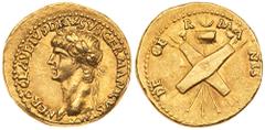 Nero Claudius Drusus (brother of Tiberius, father of Germanicus), Gold Aureus (7.71 g). Mint of Rome (?), struck A.D. 41-5. NERO CLAVDIVS DRVSVS GERMANICVS IMP, laureate head facing left. rev. DE - GE