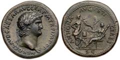 Nero. Æ Sestertius (32.17 g), AD 54-68. Rome, ca. AD 64. NERO CLAVD CAESAR AVG GER P M TR P IMP P P, laureate head of Nero right, aegis at neck. rev. ANNONA AVGVSTI CERES, S C in exergue, Annona stand