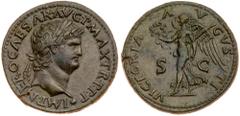 Nero. Æ Dupondius (13.54 g), AD 54-68. Lugdunum, AD 66-68. IMP NERO CAESAR AVG P MAX TR P P P, laureate head of Nero right, globe at tip of bust. rev. VICTORIA A-V-GVS-TI, S C across field, Victory ad