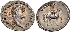 Domitian. Silver Denarius (3.34 g), as Caesar, AD 69-81. Superb EF. Rome, under Vespasian, AD 76/7. CAESAR AVG F DOMITIANVS, laureate head of bearded Domitian right. rev. COS IIII above, Pegasus stand