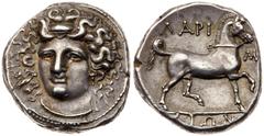 Ancient Greek Coins Thessaly, Larissa, Silver Stater (12.25 g, 6h), 356-342 BC. Head of nymph Larissa facing, slightly inclined to left, her hair bound with an ampyx. Rev. ΛAPI-S-AIΩN, bridled horse p