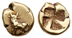 Ancient Greek Coins Mysia, Kyzikos. Electrum 1/24 Stater (0.63 g), ca. 500-450 BC. Man-headed bull standing left on tunny (off flan). Reverse: Quadripartite incuse square. Hurter & Liewald -; cf. Von 