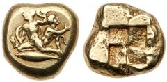 Ancient Greek Coins Mysia, Kyzikos., 450-400 BC. Electrum Stater (15.98 g). Herakles and his younger brother, Iphicles, both naked, being attacked by serpents. Herakles is facing to the left and stran