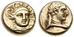 Ancient Greek Coins Lesbos, Mytilene. Electrum Hekte (2.49 g), ca. 377-326 BC. Head of Athena facing slightly right, wearing triple-crested helmet. Rev. Head of Hermes right, with kausia tied behind n