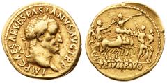 Ancient Judea Vespasian. Gold Aureus (7.23 g), AD 69-79. Judaea Capta type. Lugdunum, AD 71. IMP CAESAR VESPASIANVS AVG TR P, laureate head of Vespasian right. Rev. TRIVMP AVG in exergue, emperor on t