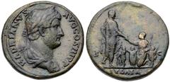 Ancient Judea Hadrian. AE Sestertius (28.70 g.), AD 117-138. Struck in Rome 134-138 CE. HADRIAN AVGCOSIIIPP, Bust of Hadrian right, laureate, cuirassed and draped. Reverse: Hadrian togate, stands r., 