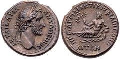 Roman Imperial Coinage Antoninus Pius. Æ 33. (21.05 g), AD 138-161. Philippopolis in Thrace. Gargilius Anticus, hegemon. Laureate head of Antoninus Pius right. Rev. The river-god Hebros reclining left