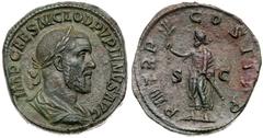 Roman Imperial Coinage Pupienus. Æ Sestertius (23.13 g), AD 238. Rome. IMP CAES M CLOD PVPIENVS AVG, laureate, draped and cuirassed bust of Pupienus right. Rev. P M TR P COS II P P, S C across field, 