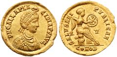 Roman Imperial Coinage Galla Placidia (daughter of Theodosius I, mother of Valentinian III). Gold Solidus (4.51 g, 6h). Mint of Ravenna, A.D. 422. D N GALLA PLA-CIDIA P F AVG, pearl-diademed and drape