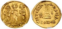 Byzantine Empire Arab-Byzantine. Anonymous (temp. Mu'awiya b. Abi Sufyan or 'Abd al-Malik b. Marwan). Gold Solidus (4.34 g), AH 41-60 or 65-86. De-Christianized type imitating the Byzantine emperor He