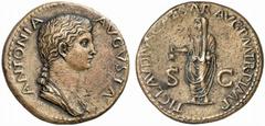 ROMAN COINS ROMAN EMPIRE ANTONIA, mother of Claudius, † AD 39. No.: 246 Estimate: $ 1200 d=29 mm Dupondius, posthumous, struck by Claudius, about 41-42. AE 13.46 g. Similar to previous, but head bare.