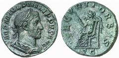 ROMAN COINS ROMAN EMPIRE PHILIPPUS I ARABS, 244-249. No.: 371 Estimate: $ 550 d=29 mm Sestertius. AE 16.72 g. Similar to previous. Rev. SECVRIT ORBIS / SC Securitas in long dress, seated l. on throne 