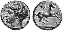 ANCIENT COINS GREEK COINS SICILY SYRACUSE No.: 103 Estimation: $ 2500.- d=11 mm 50-litrae, gold, unsigned, in the style of the master engraver Euainetos, about 405-400. AV 2.89 g. SURA Head of young m