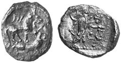 ANCIENT COINS GREEK COINS SAMARIA No.: 189 Estimation: $ 800.- d=20 mm Obol, about 372-333. AR 0.56 g. Lioness standing r., sword in fore-paw, on back of second animal standing r., letter (trident) in