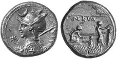 ANCIENT COINS ROMAN COINS ROMAN REPUBLIC No.: 280 Estimation: $ 200.- d=18 mm P. Licinius Nerva. Denarius, 113 or 112. AR 3.89 g. ROMA Bust of Roma l., wearing helmet with plume on each side, holding 
