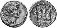 ANCIENT COINS ROMAN COINS ROMAN REPUBLIC No.: 501 Estimation: $ 350.- d=19 mm (*) M. Iunius Brutus. Denarius, 54. AR 3.93 g. LIBERTAS Head of Libertas r. Rev. BRVTVS L. Iunius Brutus (Cos. 509), walki