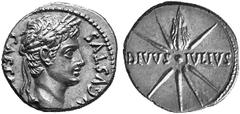 ANCIENT COINS ROMAN COINS IMPERIAL COINAGE AUGUSTUS, 27 B.C. - AD 14 No.: 618 Estimation: $ 1000.- d=18 mm Denarius, Nîmes (Nemausus), 19-18 B.C. AR 3.76 g. CAESAR - AVGVSTVS Oak-wreathed head r. Rev.