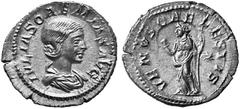 ANCIENT COINS ROMAN COINS IMPERIAL COINAGE JULIA SOAEMIAS, his mother, † 222 No.: 731 Estimation: $ 250.- d=19 mm Denarius. AR 3.33 g. IVLIA SOAEMIAS AVG Draped bust r., hair in knot at back of head. 