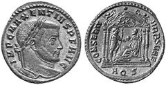 ANCIENT COINS ROMAN COINS IMPERIAL COINAGE MAXENTIUS, 306-312 No.: 776 Estimation: $ 180.- d=28 mm Nummus, Aquileia, about 307. AE 7.52 g. IMP C MAXENTIVS PF AVG Laureate head r. Rev. CONSERV - VRB SV